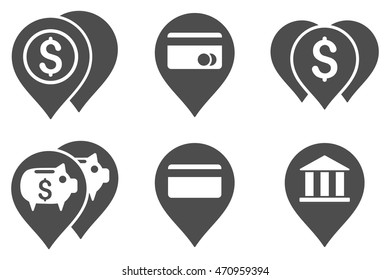 Bank Map Markers vector icons. Pictogram style is gray flat icons with rounded angles on a white background.