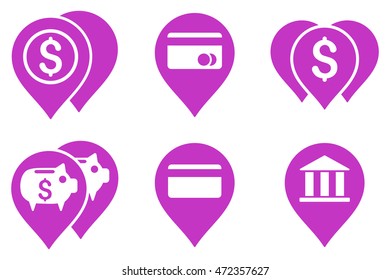 Bank Map Markers vector icons. Pictogram style is violet flat icons with rounded angles on a white background.