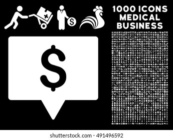 Bank Map Pointer icon with 1000 medical commercial white vector pictograms. Set style is flat symbols, black background.