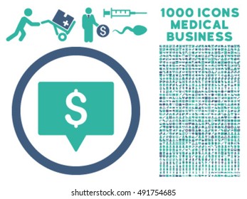 Bank Map Pointer icon with 1000 medical commerce cobalt and cyan vector design elements. Design style is flat bicolor symbols, white background.