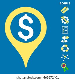 Bank Map Pointer icon with bonus pictograms. Vector illustration style is flat iconic bicolor symbols, yellow and white colors, blue background, rounded angles.