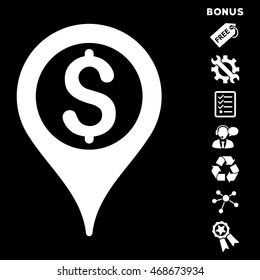 Bank Map Pointer icon with bonus pictograms. Vector illustration style is flat iconic symbols, white color, black background, rounded angles.