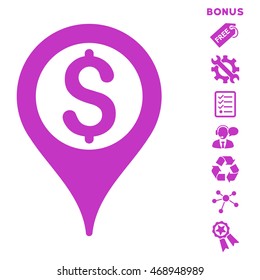 Bank Map Pointer icon with bonus pictograms. Vector illustration style is flat iconic symbols, violet color, white background, rounded angles.