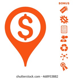 Bank Map Pointer icon with bonus pictograms. Vector illustration style is flat iconic symbols, orange color, white background, rounded angles.