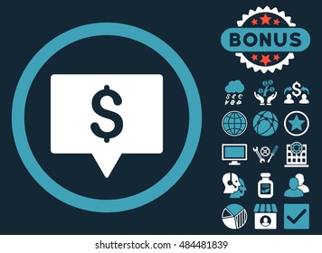 Bank Map Pointer icon with bonus pictures. Vector illustration style is flat iconic bicolor symbols, blue and white colors, dark blue background.
