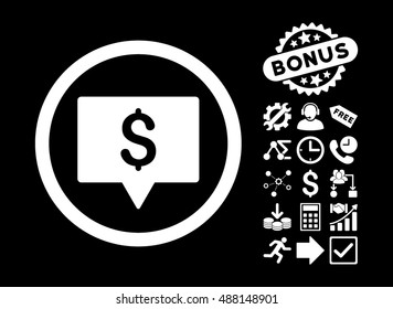 Bank Map Pointer icon with bonus pictogram. Vector illustration style is flat iconic symbols, white color, black background.