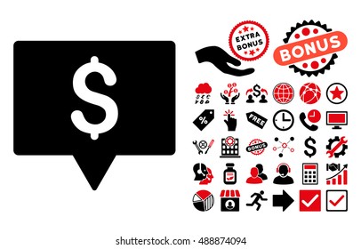 Bank Map Pointer icon with bonus images. Vector illustration style is flat iconic bicolor symbols, intensive red and black colors, white background.