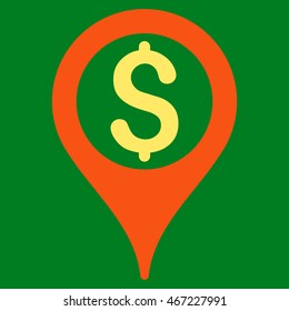 Bank Map Pointer icon. Vector style is bicolor flat iconic symbol with rounded angles, orange and yellow colors, green background.