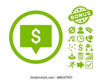 Bank Map Pointer pictograph with bonus symbols. Vector illustration style is flat iconic symbols, eco green color, white background.