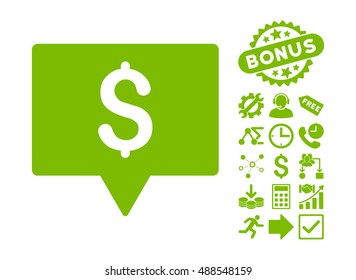 Bank Map Pointer pictograph with bonus symbols. Vector illustration style is flat iconic symbols, eco green color, white background.