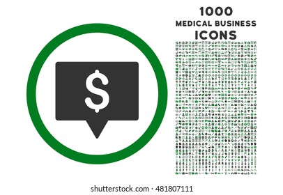 Bank Map Pointer rounded vector bicolor icon with 1000 medical business icons. Set style is flat pictograms, green and gray colors, white background.