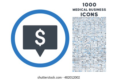 Bank Map Pointer rounded vector bicolor icon with 1000 medical business icons. Set style is flat pictograms, smooth blue colors, white background.