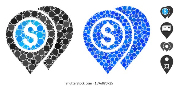 Bank map pointers composition of filled circles in various sizes and color tones, based on bank map pointers icon. Vector filled circles are united into blue composition.
