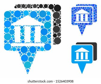 Bank map pointers composition for bank map pointers icon of spheric dots in variable sizes and color tones. Vector dots are grouped into blue composition.