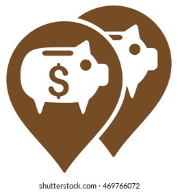 Bank Map Pointers icon. Vector style is flat iconic symbol with rounded angles, brown color, white background.