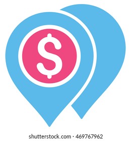 Bank Map Pointers icon. Vector style is bicolor flat iconic symbol with rounded angles, pink and blue colors, white background.