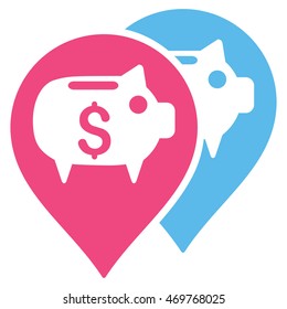 Bank Map Pointers icon. Vector style is bicolor flat iconic symbol with rounded angles, pink and blue colors, white background.