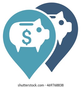 Bank Map Pointers icon. Vector style is bicolor flat iconic symbol with rounded angles, cyan and blue colors, white background.