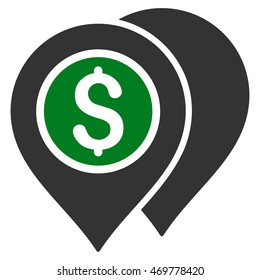 Bank Map Pointers icon. Vector style is bicolor flat iconic symbol with rounded angles, green and gray colors, white background.