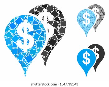Bank map pointers mosaic of joggly elements in different sizes and color hues, based on bank map pointers icon. Vector joggly elements are composed into composition.