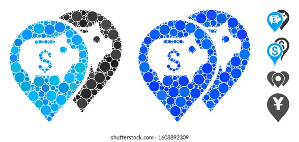 Bank map pointers mosaic of spheric dots in various sizes and shades, based on bank map pointers icon. Vector round dots are composed into blue mosaic.