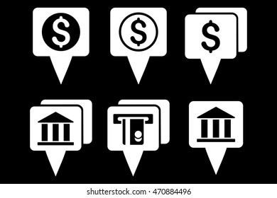 Bank Map Pointers vector icons. Pictogram style is white flat icons with rounded angles on a black background.