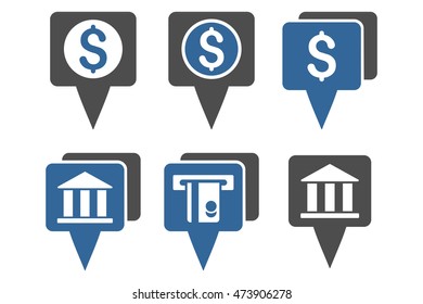 Bank Map Pointers vector icons. Pictogram style is bicolor cobalt and gray flat icons with rounded angles on a white background.