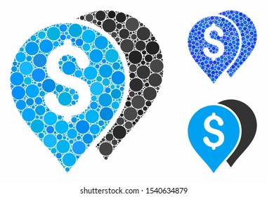 Bank markers composition of round dots in variable sizes and color hues, based on bank markers icon. Vector round elements are organized into blue composition.
