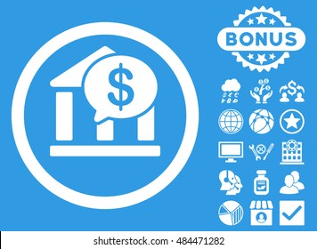 Bank Message icon with bonus pictogram. Vector illustration style is flat iconic symbols, white color, blue background.