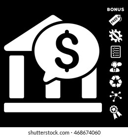 Bank Message icon with bonus pictograms. Vector illustration style is flat iconic symbols, white color, black background, rounded angles.