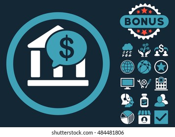 Bank Message icon with bonus symbols. Vector illustration style is flat iconic bicolor symbols, blue and white colors, dark blue background.