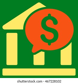 Bank Message icon. Vector style is bicolor flat iconic symbol with rounded angles, orange and yellow colors, green background.