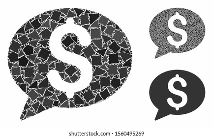 Bank message mosaic of unequal items in variable sizes and color tints, based on bank message icon. Vector rough items are organized into collage. Bank message icons collage with dotted pattern.