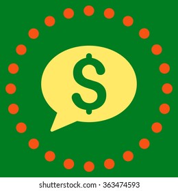 Bank Message vector icon. Style is bicolor flat circled symbol, orange and yellow colors, rounded angles, green background.