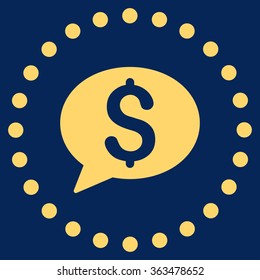 Bank Message vector icon. Style is flat circled symbol, yellow color, rounded angles, blue background.