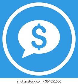 Bank Message vector icon. Style is flat circled symbol, white color, rounded angles, blue background.