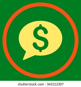 Bank Message vector icon. Style is bicolor flat circled symbol, orange and yellow colors, rounded angles, green background.