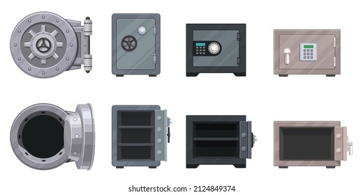 Bank metal vault and safes with open and closed doors. Secure boxes with code locks. Gold and money protection. Empty safe inside vector set. Illustration of vault safe, metal storage
