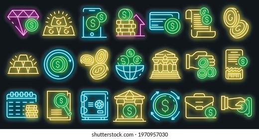 Bank metals icons set. Outline set of bank metals vector icons neon color on black