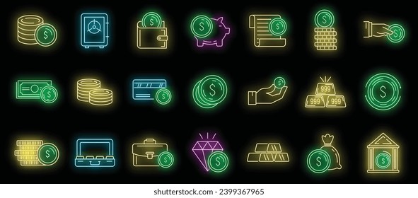 Juego de iconos de metales bancarios. Conjunto de esquemas de los iconos vectoriales de los metales del banco color del neón en negro