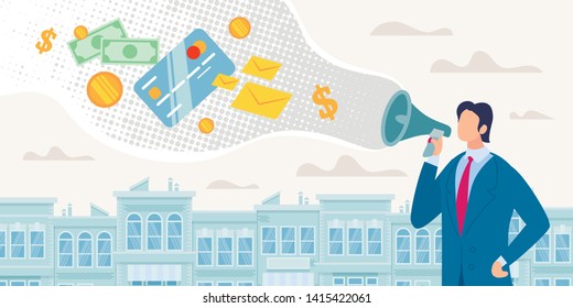 Bank Microcredit Program Flat Vector Concept. Businessman or Banker Speaking in Loudspeaker, Advertising Customers Credit, Investments for Small Business Growth, Offering to Borrow Money Illustration