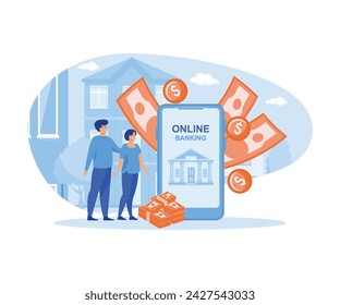 Bank Mobile Application for Family Budget. Young Married Couple Using Internet Banking and Accounting for Credit Card Managing, Money Sending, Savings, Making Deposits Online. 