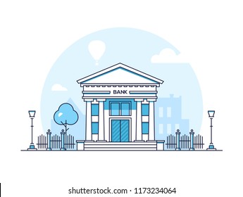 Bank - modern thin line design style vector illustration on white background. Blue colored high quality composition with a building with pillars, columns, lantern, tree, fence. Urban architecture