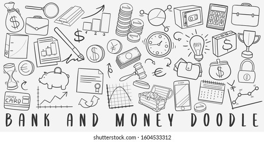 Bank and Money Doodle Line Art Illustration. Hand Drawn Vector Clip Art. Banner Set Logos.