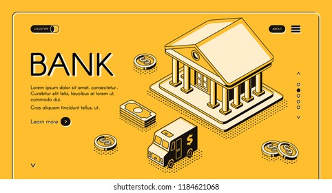 Bank and money isometric thin line vector illustration of dollar money and cash CIT van. Business and banking finance halftone design dollar and coins on yellow background