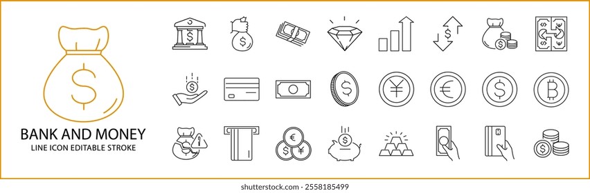 Bank Money Payment Icon Set In Line Style. Bank Money Payment icons. Vector Illustration. Editable Stroke.