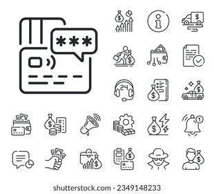 Bank money payment sign. Cash money, loan and mortgage outline icons. Credit card line icon. Password protection symbol. Card line sign. Credit card, crypto wallet icon. Inflation, job salary. Vector