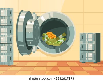 Bank money safe storage room open door concept. Vector graphic design illustration
