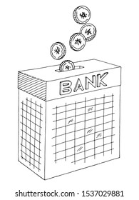 Bank moneybox exterior coins falling in the gap graphic black white sketch illustration vector