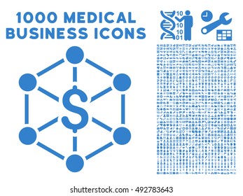 Bank Network icon with 1000 medical commerce cobalt vector pictograms. Set style is flat symbols, white background.